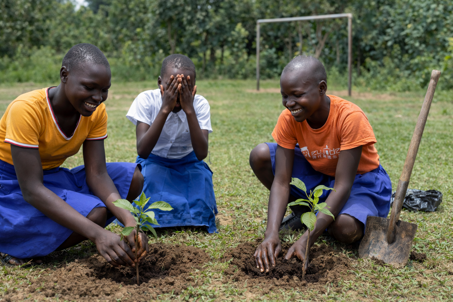 Children planting trees in one of the school play area